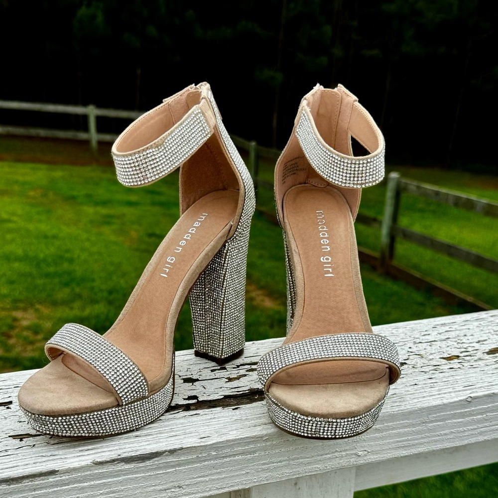 Crystal embellished ankle strap heel